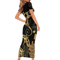 Black And Gold Aotearoa Whai Short Sleeve Bodycon Dress NZ Stingrays Maori Curves Style LT14 - Polynesian Pride