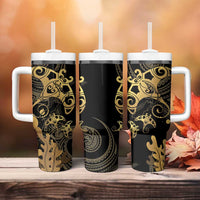 Black And Gold Aotearoa Whai Tumbler With Handle NZ Stingrays Maori Curves Style