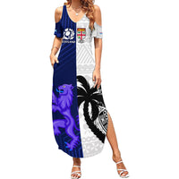 Fiji And Scotland Rugby Summer Maxi Dress Fijian Tapa Pattern With Thistle LT14 Women Blue - Polynesian Pride