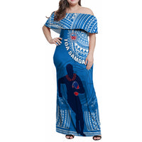 Custom Samoa Rugby Family Matching Off Shoulder Maxi Dress and Hawaiian Shirt Pacific 2023 Go Toa Samoa LT14 Mom's Dress Blue - Polynesian Pride
