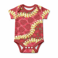 Red Palaka Hawaii Mele Kalikimaka Baby Onesie Ohia Lehua Monstera Puakenikeni Lei