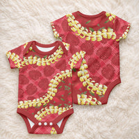 Red Palaka Hawaii Mele Kalikimaka Baby Onesie Ohia Lehua Monstera Puakenikeni Lei