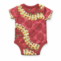 Red Palaka Hawaii Mele Kalikimaka Baby Onesie Ohia Lehua Monstera Puakenikeni Lei