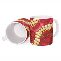 Red Palaka Hawaii Mele Kalikimaka Ceramic Mug Ohia Lehua Monstera Puakenikeni Lei - Polynesian Pride