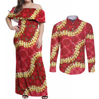 Red Palaka Hawaii Mele Kalikimaka Couples Matching Off Shoulder Maxi Dress and Long Sleeve Button Shirt Ohia Lehua Monstera Puakenikeni Lei - Polynesian Pride