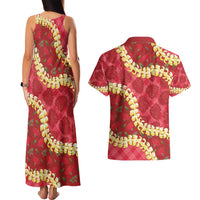 Red Palaka Hawaii Mele Kalikimaka Couples Matching Tank Maxi Dress and Hawaiian Shirt Ohia Lehua Monstera Puakenikeni Lei - Polynesian Pride