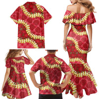 Red Palaka Hawaii Mele Kalikimaka Family Matching Mermaid Dress and Hawaiian Shirt Ohia Lehua Monstera Puakenikeni Lei - Polynesian Pride