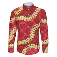 Red Palaka Hawaii Mele Kalikimaka Family Matching Off The Shoulder Long Sleeve Dress and Hawaiian Shirt Ohia Lehua Monstera Puakenikeni Lei - Polynesian Pride