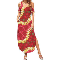 Red Palaka Hawaii Mele Kalikimaka Family Matching Summer Maxi Dress and Hawaiian Shirt Ohia Lehua Monstera Puakenikeni Lei - Polynesian Pride