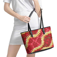 Red Palaka Hawaii Mele Kalikimaka Leather Tote Bag Ohia Lehua Monstera Puakenikeni Lei - Polynesian Pride