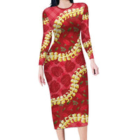 Red Palaka Hawaii Mele Kalikimaka Long Sleeve Bodycon Dress Ohia Lehua Monstera Puakenikeni Lei - Polynesian Pride