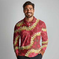 Red Palaka Hawaii Mele Kalikimaka Long Sleeve Polo Shirt Ohia Lehua Monstera Puakenikeni Lei - Polynesian Pride