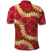 Red Palaka Hawaii Mele Kalikimaka Polo Shirt Ohia Lehua Monstera Puakenikeni Lei - Polynesian Pride
