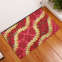 Red Palaka Hawaii Mele Kalikimaka Rubber Doormat Ohia Lehua Monstera Puakenikeni Lei - Polynesian Pride