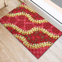 Red Palaka Hawaii Mele Kalikimaka Rubber Doormat Ohia Lehua Monstera Puakenikeni Lei - Polynesian Pride