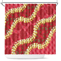 Red Palaka Hawaii Mele Kalikimaka Shower Curtain Ohia Lehua Monstera Puakenikeni Lei - Polynesian Pride