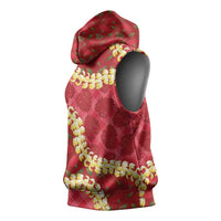 Red Palaka Hawaii Mele Kalikimaka Sleeveless Hoodie Ohia Lehua Monstera Puakenikeni Lei - Polynesian Pride