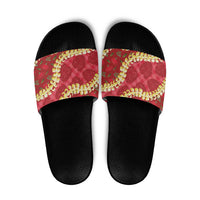 Red Palaka Hawaii Mele Kalikimaka Slide Sandals Ohia Lehua Monstera Puakenikeni Lei - Polynesian Pride
