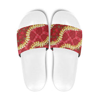 Red Palaka Hawaii Mele Kalikimaka Slide Sandals Ohia Lehua Monstera Puakenikeni Lei - Polynesian Pride