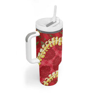 Red Palaka Hawaii Mele Kalikimaka Tumbler With Handle Ohia Lehua Monstera Puakenikeni Lei - Polynesian Pride