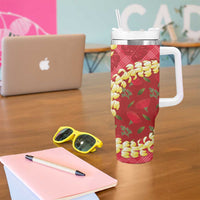 Red Palaka Hawaii Mele Kalikimaka Tumbler With Handle Ohia Lehua Monstera Puakenikeni Lei - Polynesian Pride