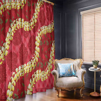 Red Palaka Hawaii Mele Kalikimaka Window Curtain Ohia Lehua Monstera Puakenikeni Lei - Polynesian Pride