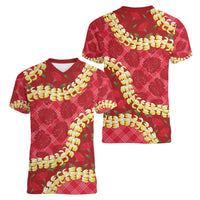 Red Palaka Hawaii Mele Kalikimaka Women V-Neck T-Shirt Ohia Lehua Monstera Puakenikeni Lei - Polynesian Pride