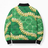 Green Palaka Hawaii Mele Kalikimaka Bomber Puffer Jacket Ohia Lehua Monstera Puakenikeni Lei - Polynesian Pride