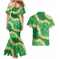 Green Palaka Hawaii Mele Kalikimaka Couples Matching Mermaid Dress and Hawaiian Shirt Ohia Lehua Monstera Puakenikeni Lei - Polynesian Pride