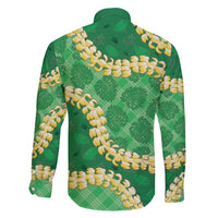 Green Palaka Hawaii Mele Kalikimaka Family Matching Off The Shoulder Long Sleeve Dress and Hawaiian Shirt Ohia Lehua Monstera Puakenikeni Lei - Polynesian Pride