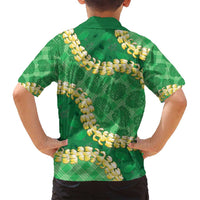 Green Palaka Hawaii Mele Kalikimaka Family Matching Off Shoulder Short Dress and Hawaiian Shirt Ohia Lehua Monstera Puakenikeni Lei - Polynesian Pride