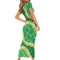 Green Palaka Hawaii Mele Kalikimaka Family Matching Short Sleeve Bodycon Dress and Hawaiian Shirt Ohia Lehua Monstera Puakenikeni Lei - Polynesian Pride