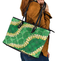 Green Palaka Hawaii Mele Kalikimaka Leather Tote Bag Ohia Lehua Monstera Puakenikeni Lei - Polynesian Pride