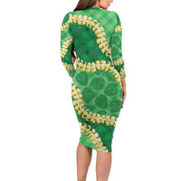 Green Palaka Hawaii Mele Kalikimaka Long Sleeve Bodycon Dress Ohia Lehua Monstera Puakenikeni Lei - Polynesian Pride
