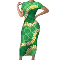 Green Palaka Hawaii Mele Kalikimaka Short Sleeve Bodycon Dress Ohia Lehua Monstera Puakenikeni Lei - Polynesian Pride