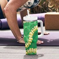 Green Palaka Hawaii Mele Kalikimaka Tumbler With Handle Ohia Lehua Monstera Puakenikeni Lei - Polynesian Pride