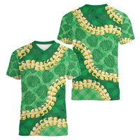 Green Palaka Hawaii Mele Kalikimaka Women V-Neck T-Shirt Ohia Lehua Monstera Puakenikeni Lei - Polynesian Pride