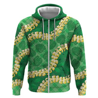 Green Palaka Hawaii Mele Kalikimaka Zip Hoodie Ohia Lehua Monstera Puakenikeni Lei - Polynesian Pride