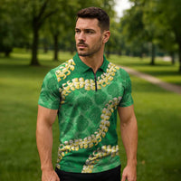 Green Palaka Hawaii Mele Kalikimaka Zipper Polo Shirt Ohia Lehua Monstera Puakenikeni Lei - Polynesian Pride