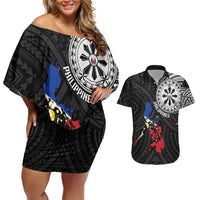 Philippines Strong Couples Matching Off Shoulder Short Dress and Hawaiian Shirt Filipino Map Polynesian Tattoo - Polynesian Pride