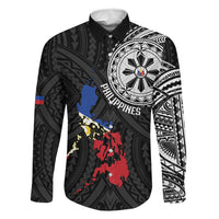 Philippines Strong Family Matching Off Shoulder Maxi Dress and Hawaiian Shirt Filipino Map Polynesian Tattoo LT14 Dad's Shirt - Long Sleeve Black - Polynesian Pride