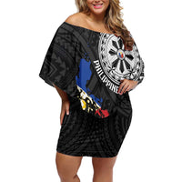 Philippines Strong Family Matching Off Shoulder Short Dress and Hawaiian Shirt Filipino Map Polynesian Tattoo LT14 Mom's Dress Black - Polynesian Pride