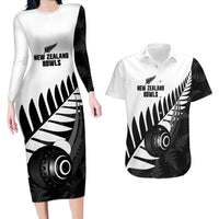 New Zealand Lawn Bowls Custom Couples Matching Long Sleeve Bodycon Dress and Hawaiian Shirt Aotearoa Silver Fern LT14 Black - Polynesian Pride