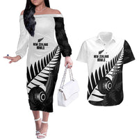 New Zealand Lawn Bowls Custom Couples Matching Off The Shoulder Long Sleeve Dress and Hawaiian Shirt Aotearoa Silver Fern - Polynesian Pride
