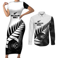 New Zealand Lawn Bowls Custom Couples Matching Short Sleeve Bodycon Dress and Long Sleeve Button Shirt Aotearoa Silver Fern LT14 Black - Polynesian Pride