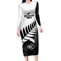 New Zealand Lawn Bowls Custom Family Matching Long Sleeve Bodycon Dress and Hawaiian Shirt Aotearoa Silver Fern LT14 Mom's Dress Black - Polynesian Pride
