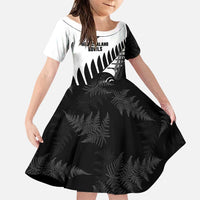 New Zealand Lawn Bowls Custom Family Matching Off Shoulder Maxi Dress and Hawaiian Shirt Aotearoa Silver Fern LT14 Daughter's Dress Black - Polynesian Pride