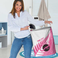 New Zealand Lawn Bowls Breast Cancer Custom Laundry Basket Aotearoa Maori Silver Fern Pink Ribbon - Polynesian Pride