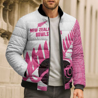 New Zealand Lawn Bowls Breast Cancer Custom Bomber Puffer Jacket Aotearoa Maori Silver Fern Pink Ribbon LT14 - Polynesian Pride