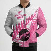 New Zealand Lawn Bowls Breast Cancer Custom Bomber Puffer Jacket Aotearoa Maori Silver Fern Pink Ribbon LT14 - Polynesian Pride